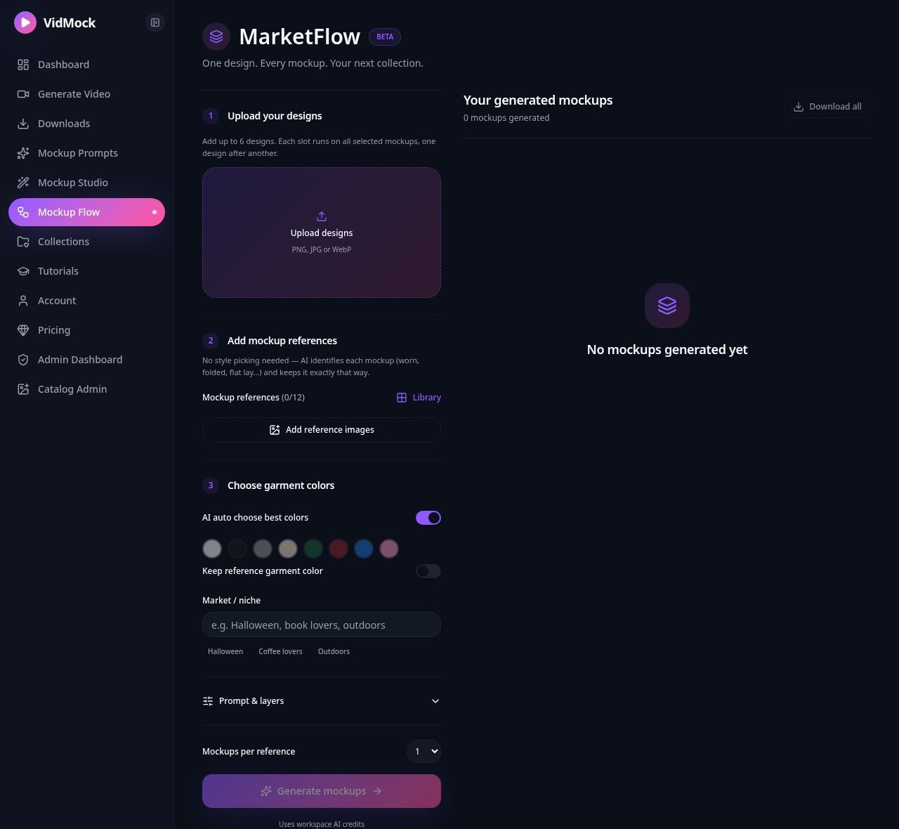 The real MarketFlow workspace with design upload, references, automatic colors and a results area