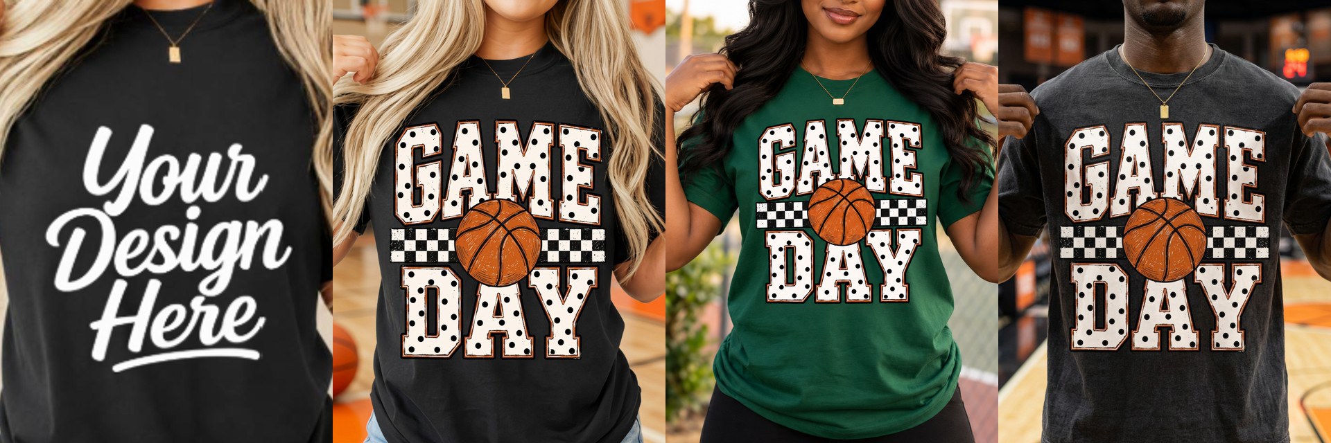 Game Day basketball design on a black tee at an indoor court